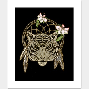 Tiger with dreamcatcher and flowers Posters and Art
